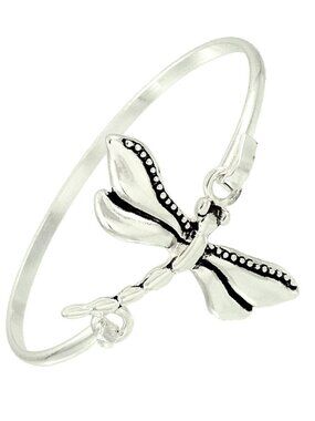 Dragonfly Bracelet Thin Bangle Hook Clasp Sideways Charm SILVER Metal Jewelry